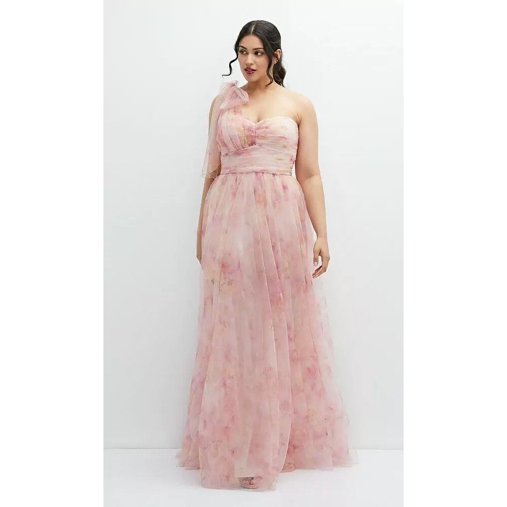 Dessy Collection NWT Tulle One Shoulder Scarf Maxi Dress Size 18 R Pink Wedding